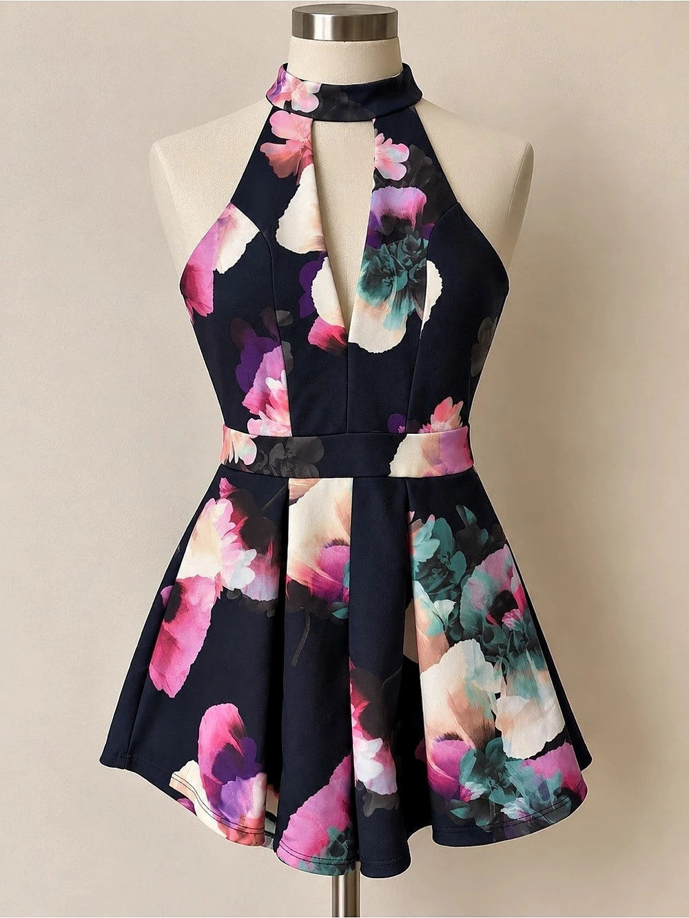 Express Floral Halter Fit & Flare Mini Dress Black & Pink